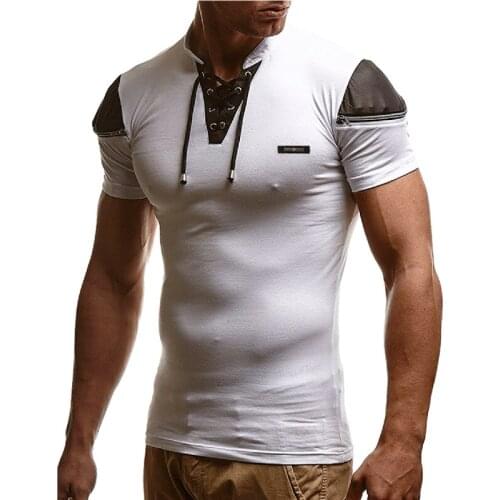 New Men T-shirt Summer Fashion Stand Collar Lace-Up Short-sleeved Zipper Color Matching Slim Casual Top T Shirt For Men Clothing