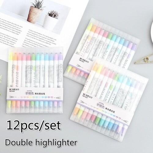 12Pcs/set 12Colors Cute Double Head Fluorescent Pen Highlighters Color Marker Pen set School Supplies