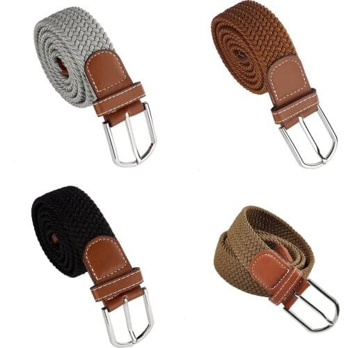 Men Leather Braided Elastic Stretch Metal Buckle Belt Waistband