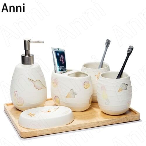 Creativity Marine Life Relief Bathroom Accessories Set Ceramic European Modern Painted Relief Five Piece Set Shower Accessories
