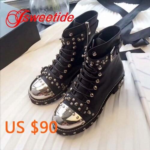 New motorcycle Flats boots Women metal rivet Lace Up Motorcycle Ankle Boots Brand genuine leather Round Toe winter Women boots