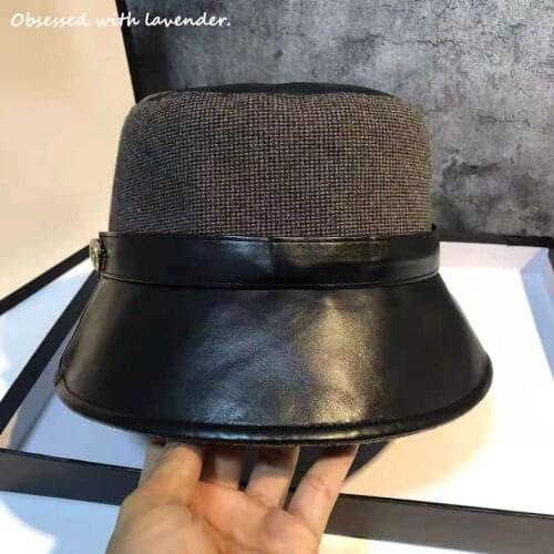 Obsessed with lavender. Fisherman Hat Hat Female Fall/Winter Pot Hat Japanese pu Leather Korean Joker