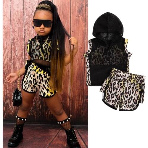 1-6Y Kids Baby Girls Leopard Printed Clothes Sets 2021 Summer Children Short Sleeve Mesh Hoodie +Shorts Kids Outfits Streetwear