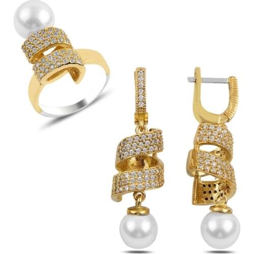 Silver 925 Sterling Pearl & Zircon Cubic Zirconia Authentic Set