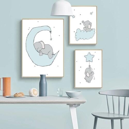 Nordic Ins Cute Elephant Sleeping on The Moon Decoration Canvas Painting Modern Simple Elephant Cartoon Painting Home Decor