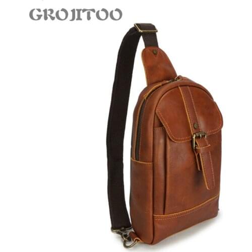 GROJITOO New genuine leather bag Chest bag Sports mens cross shoulder bag first layer cowhide mens bag Trendy mens bag