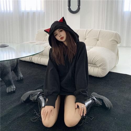 Deeptown Gothic Hoodies Women Winter Fashion Korean Style Women Sweatshirt Long Sleeve Tops Plus Velvet Warm Loose Pullover