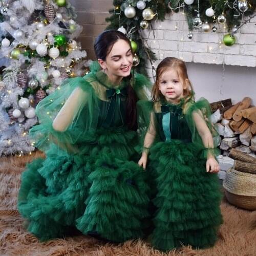 A-Line Tiered Pleated Ruffled Mommy & Me Tulle Dress Women Kids Full Sleeves Long Tulle Skirt Dresses Mother & Daughter Wear