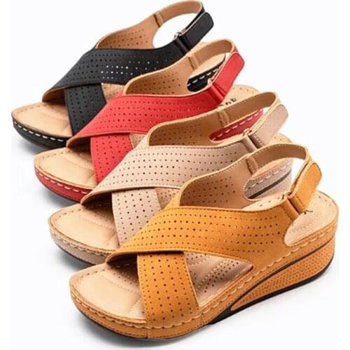 Women Sandals Summer Shoes Woman Sewing Hollow Wedges Female Casual Sandals Comfort Pu Leather Sandals Retro Sandalis Plus Size