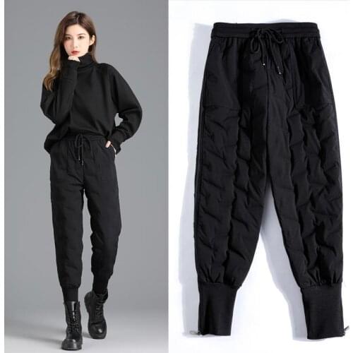 Women Winter Warm Down Cotton Pants Black Long Trouser Elastic Waist Casual Trousers Windproof Pants High Waist Sweatpants X558