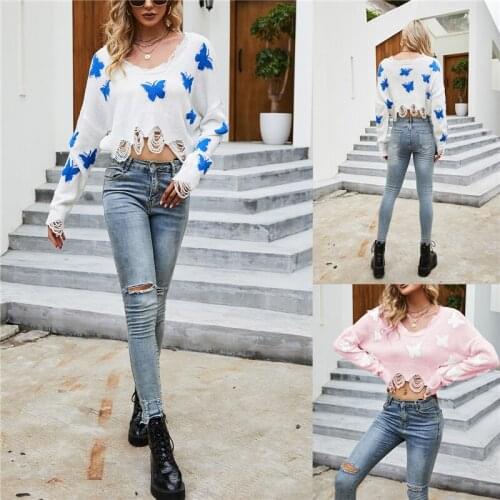 Women’s Casual Long Sleeve Ripped Sweater Fashion Butterfly Jacquard Exposed Navel Knitted Tops