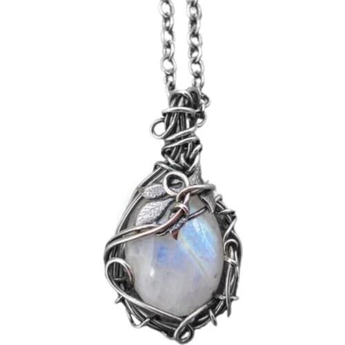 High Quality Vintage Style Silver Color Pendant Necklace Women Girls Prom Moonstones Necklaces Cocktail Party Jewelry Gift