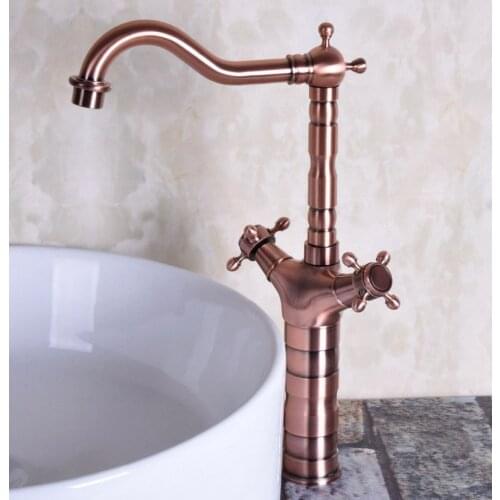 Antique Red Copper Brass Dual Cross Handles Bathroom Kitchen Basin Sink Faucet Mixer Tap Swivel Spout Deck Mounted mnf127