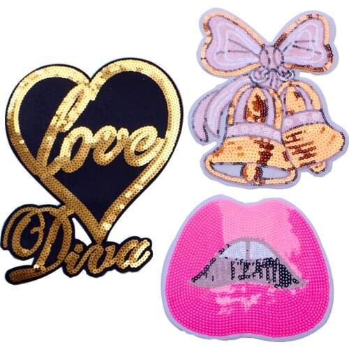 Shiny Sexy Lip Wedding Bell Heart-shaped Sequins Icon Embroidered Applique Patches for Clothing DIY Sew up Badge on the Backpack