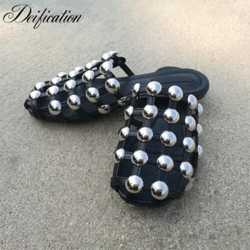 Deification Black / Nude Caged Rivets Studded Runway Slippers Women Slides Sandals Cut Out Summer Beach Shoes Flats Plus Size 44