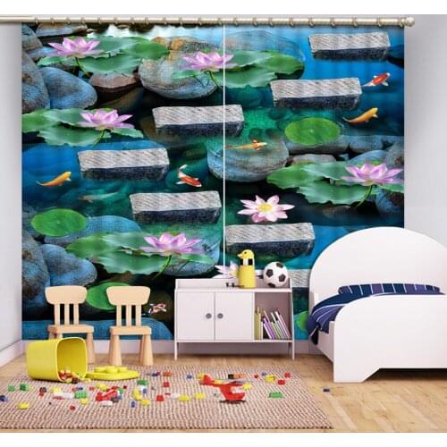 Curtains Decoration Stone pier lotus leaf Curtain For Living Room Bedroom 3D Blackout Kitchen Curtains For Window Home
