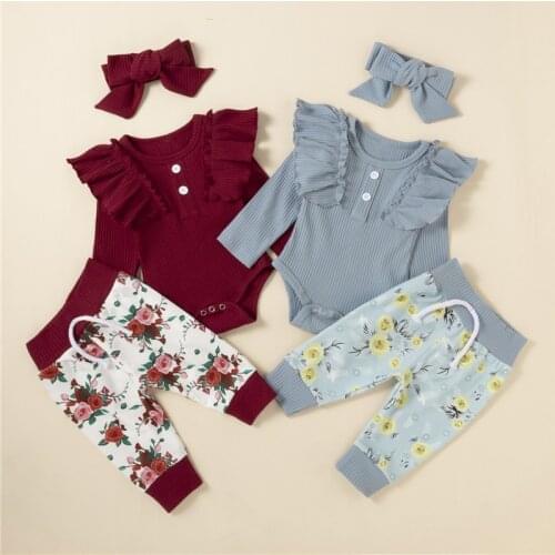 Autumn Fall Newborn Baby Girls Clothes Sets Ruffled Romper Floral Pants Headband Baby Clothing 0-18Month