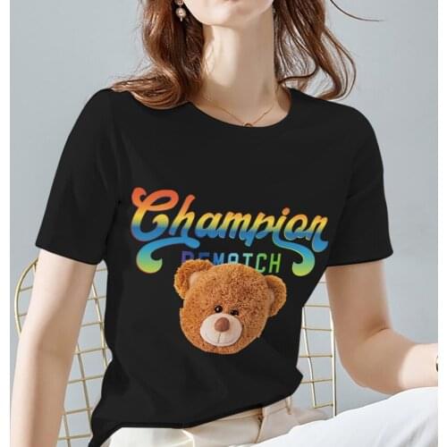 Tshirts Women Cute Bear Pattern Print Series Black All-match Female Tee Casual O-neck Basis Short Sleeve Tops Womens Clothing