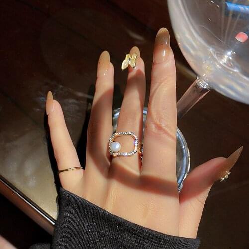 Korean Style Luxury Geometric Crystal Rings for Women Elegant Pearl Open Rings Adjustable Weddings Party Jewelry Accessories