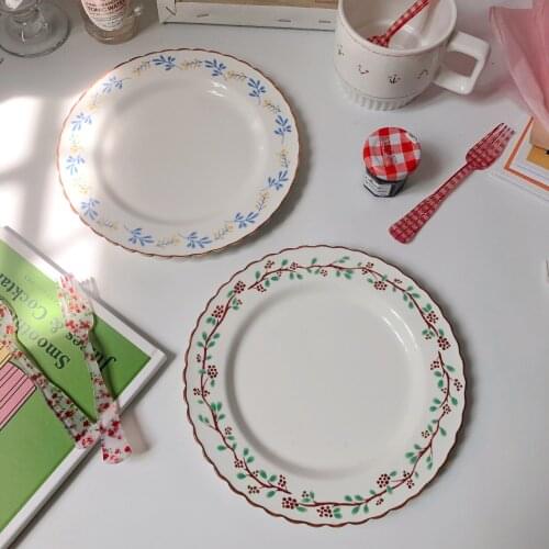Ins Korea Wavy Flower Red Raspberry Ceramic Dessert Plate Western Steak Plate Cake Plate Household Dinner Plate Ceramic Plate