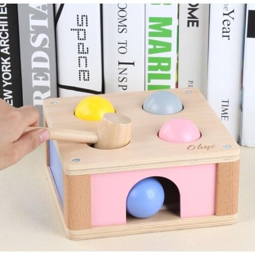 Creative Pound and Roll Wooden Tower with Hammer Knock the Ball Rolling Off Ladder Early Education Learning Knock Baby Toys