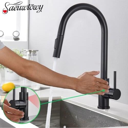 Black Sensor Kitchen Faucet Pull Out Infrared Smart Sensor Kitchen Faucet Hot Cold Mixer Crane Double Water Mode Mixer Faucet
