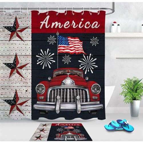 LB American Flag Shower Curtain Vintage Car Pulling Striped Flag Fireworks Patriotic Shower Curtain with Textas Bathroom