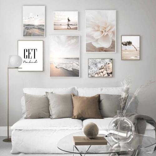 Sea Beach Flower Tree Stone Girl Seascape Wall Art Canvas Painting Nordic Prints Wall Decor Picture Posters Aesthetic Room Decor