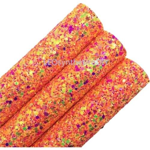 Neon Orange Chunky Glitter Vinyl Fabric Sheet Felt Backing Synthetic Leather Faux Vinil For Bows Earrings Bags DIY A4 SIZE T428B