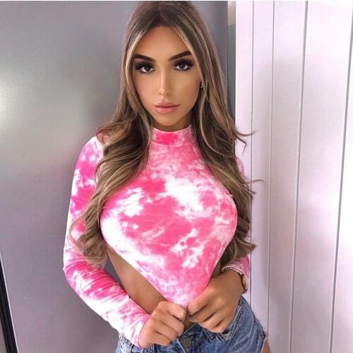 2021 Autumn Tie Dye Print Tops Fashion Womens Turtleneck Skinny Long Sleeve Lace Up Backless Crop Top Casual Slim Sexy T-shirt