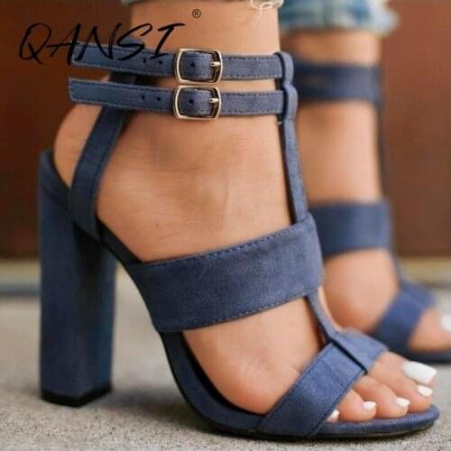 Plus Size Peep Toe Flock High Heel Womens Sandals Fashion Hollow Out Thick Heel Women Shoes T-strap Womens Sandals Summer 2021