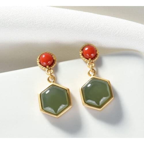 S925 Sterling Silver Inlaid Natural Hetian Gray Jade Hexagonal Earrings Trendy Earrings Natural Jade Geometric Ear Studs Women