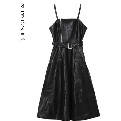 SHENGPALAE Streetwear PU Leather Dress Womens Autumn 2021 New Slash Neck Belt Waist Zipper Sleeveless Mid-calf Leather Dresses