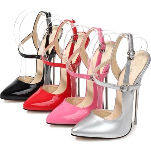 16CM Heel Womens Pointy Toe Stilettos Metal High Heels Pumps Sexy Nightclub Slingbacks Patent Leather Shoes Plus Size 35-46