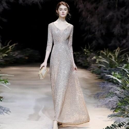 Sparkle Sequined Evening Dresses Double V-neck Evening Dress Elegant Robe De Soiree 2020 Plus Size Evening Gown