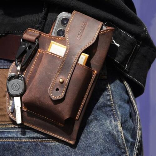 Cowhide Cigarette Case Lighter Belt Waist Bag With Keychain Mobile Phone Bag Portable Sport Outdoor Multifunction Pocket Storage