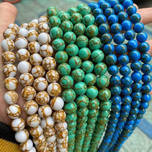 High Quality Gold Line Turquoises Stone Smooth Round 4/6/8/10/12mm Necklace Bracelet Jewelry Gems Loose Beads 15 Inch wk69