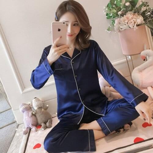 Satin Silk Womens Pajamas Summer 2 Pcs Long Sleeve Pajamas Set Casual Loose Plus Size Sleepwear Femme Home Clothes Pyjama M-5XL