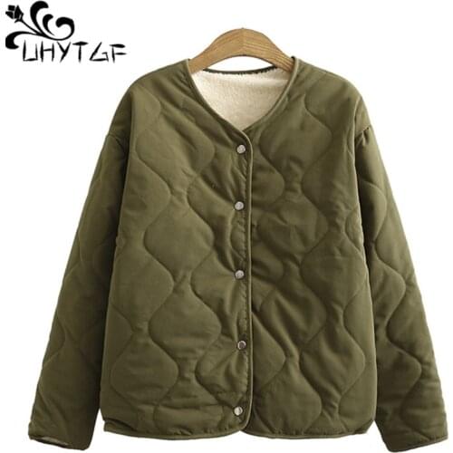 UHYTGF 4XL Large Size Coat Women Fashion Wear On Both Sides Plus Velvet Warm Autumn Winter Cotton Jacket Short Parker Female1248