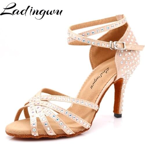 Ladingwu Women Dance Shoes Skin Satin Shining rhinestones Soft Bottom Party Latin Dance Shoes Woman Salsa Dance Shoes heel6-10CM