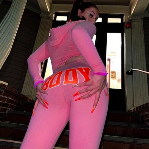 Dourbesty 2pcs Women Pant Sets BODY Letter Print Zip-up Long Sleeve Hoodies Crop Tops and Pencil Pants Active Sporty Tracksuits