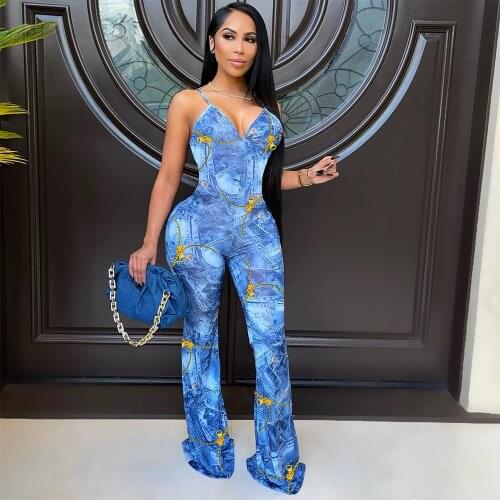 Fashion Suspenders Imitation Denim Printed Rompers for Women V Neck Sleeveless Skinny Jumpsuit Female Flare Trousers Catsuits