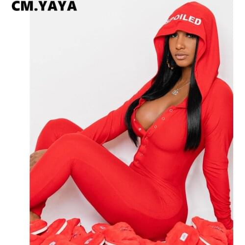 CM.YAYA Hooded Letter Print Button Solid Jumpsuits for Women Winter Leisure Wear Full Sleeve Sheath Skinny Elastic Jumpsuit Warm