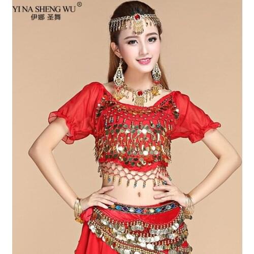 Womens Belly Dance Costume Shirt Chiffon Lantern Short Sleeves Gold Coins Top&tees Indian Clothing Belly Dancing Practice Top