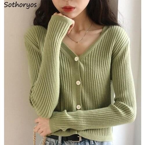 Women Cardigan Sweater Solid V-Neck Knitted Single Breasted Females Leisure Chic Sweet Elegant Trendy Simple Design Outwear Soft