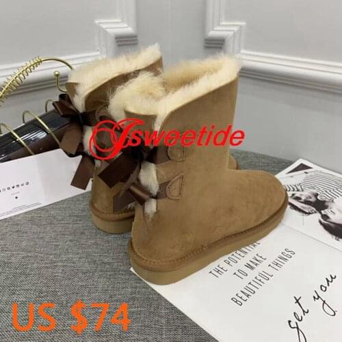 Genuine Sheepskin Leather Snow Boots Brand Motorcycle Boots Natural fur Winter Female Flat warm snow boots