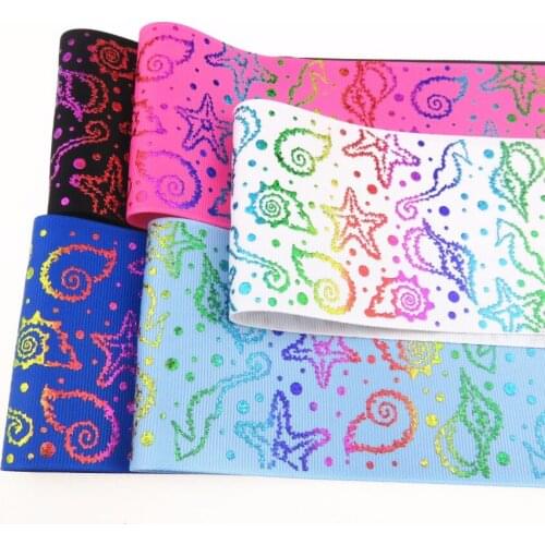 100Y/lot 75mm 3" hologram rainbow and silver foil Shell Starfish printed polyester grosgrain for DIY accessories welcome custom