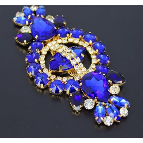 12*5.8cm Glass+resin Sew on tassel belt wedding sash Belt Applique Royal Blue Crystal Gold Base Rhinestone applique bridal sash