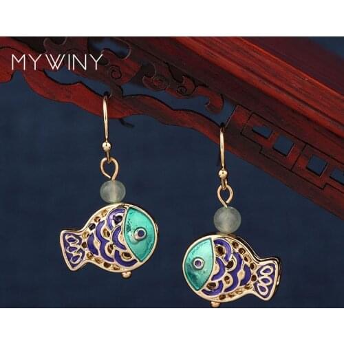 2 colors MYWINY New fashion jewelry cloisonne double fish shape earrings blue, enamel Aveturine vintage simple earrings