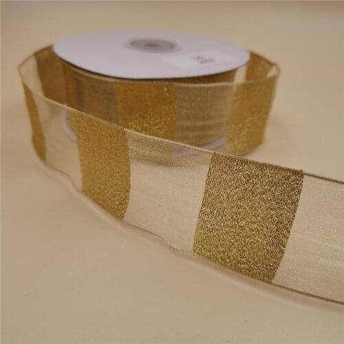 38MM 25yards Gold Organza Wired Edge Golden Stripes Ribbon Glitter for Festival Christmas Decoration New Year Gift Wrapping